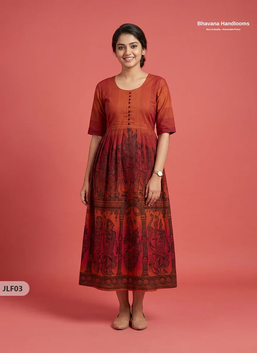 Traditional Handloom Frock with Ramayanam Design Prints in Multi Colour Shades | Rust Orange Colour