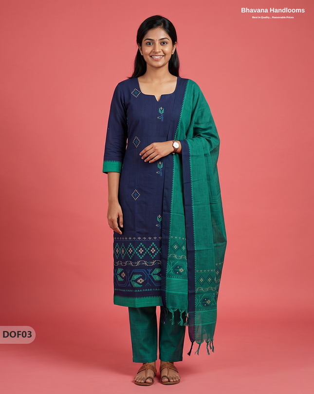 Mangalagiri Handloom Printed Cotton Kurti Set Navy Blue Colour with Elastic Bottom | Ready-to-Wear Ethnic Wear