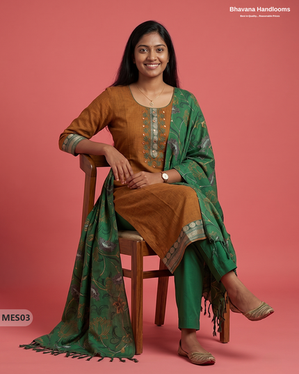 Premium Mangalagiri Kurti Set with Embroidery Design, Threads Bottom & Printed Dupatta – Ochre Earth Colour