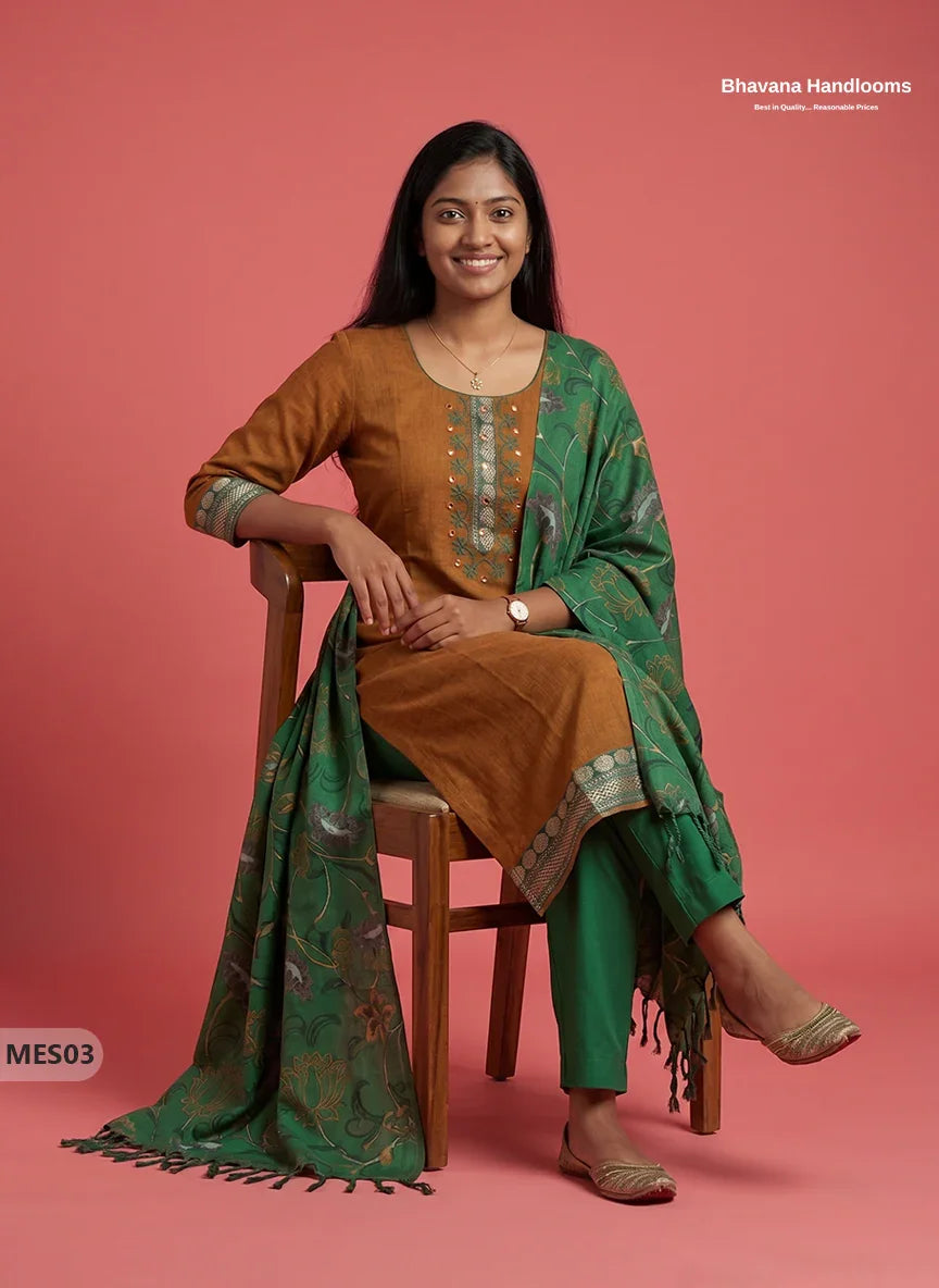 Premium Mangalagiri Kurti Set with Embroidery Design, Threads Bottom & Printed Dupatta – Ochre Earth Colour