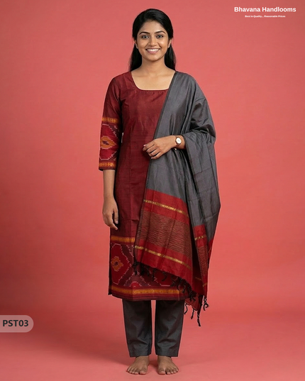 Pochampally Semi Pattu 3PC Kurti Set in Maroon Colour | Ready-to-Wear Ethnic Wear