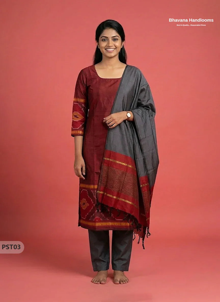 Pochampally Semi Pattu 3PC Kurti Set in Maroon Colour | Ready-to-Wear Ethnic Wear