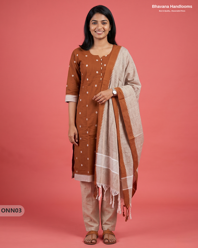 Mangalagiri Premium Cotton 3PC Set with Full-Length Lining & Elastic Pocket Bottom – Brown colour