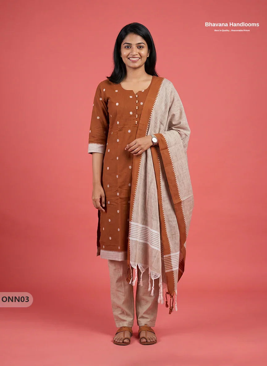 Mangalagiri Premium Cotton 3PC Set with Full-Length Lining & Elastic Pocket Bottom – Brown colour