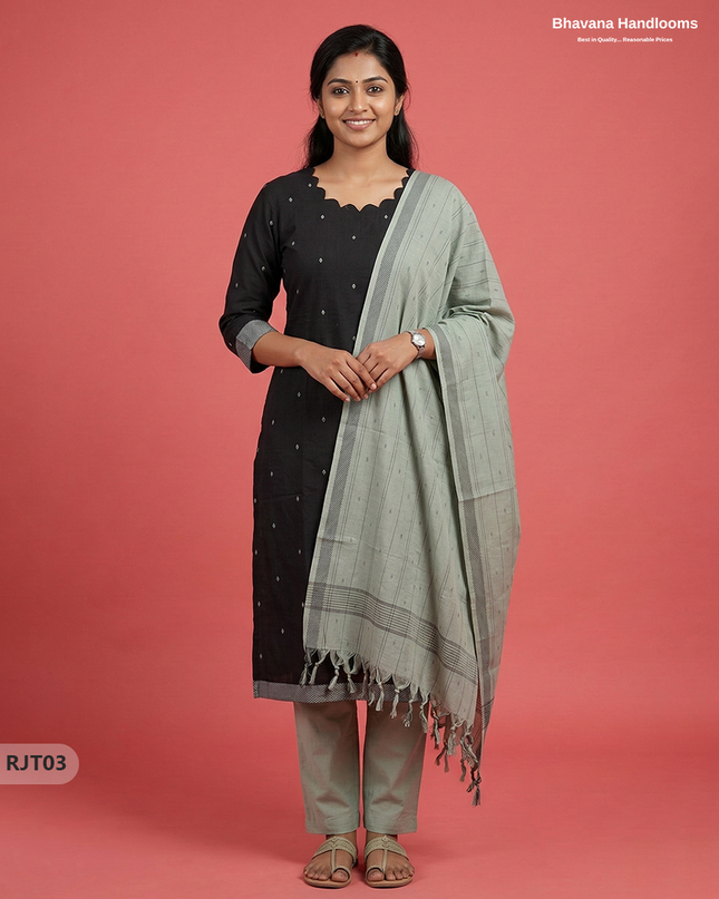 Premium Handloom Woveen 3PC Kurti Set with Handloom Dupatta | Black Colour Ethnic Wear