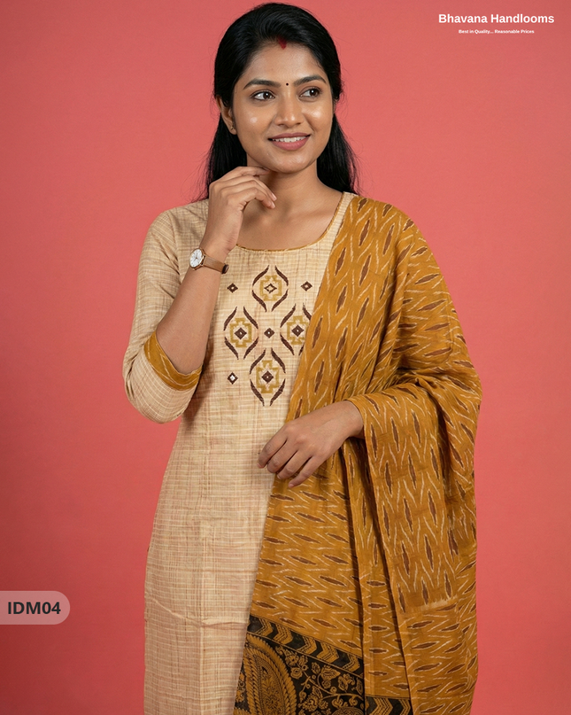 Premium Ikkat Kalamkari Printed Ready-to-Wear Dress in Brown | Full Length Lining