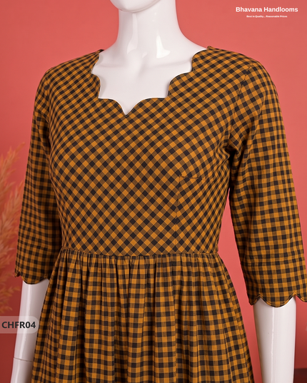 Handloom Cotton Frock in Ochre & Black Checks with Stylish Neck Cut Work | Soft & Comfortable