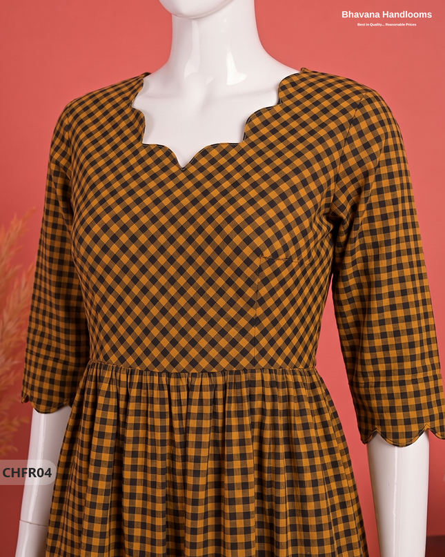Handloom Cotton Frock in Ochre & Black Checks with Stylish Neck Cut Work | Soft & Comfortable