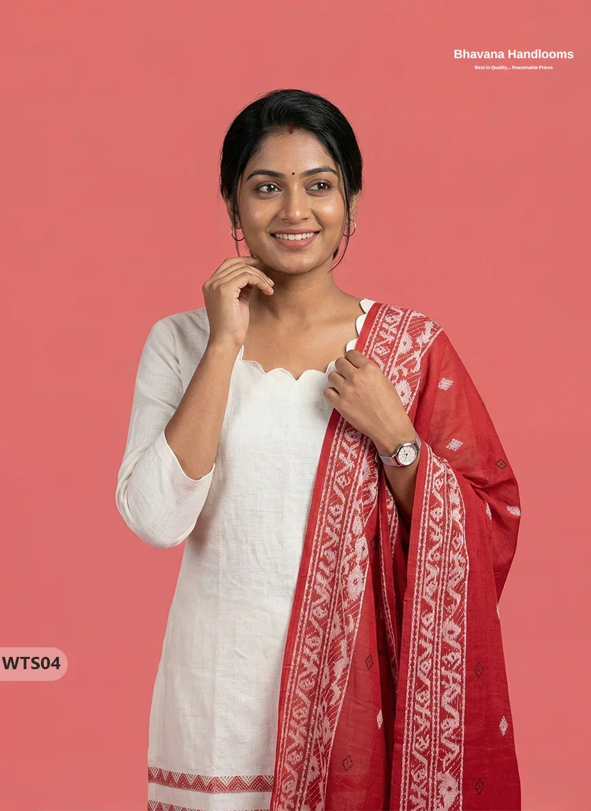 Stylish Handloom Jacquard 3PC Kurti Set with Printed Dupatta & White Kurti