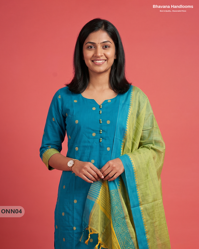 Mangalagiri Premium Cotton 3PC Set with Full-Length Lining & Elastic Pocket Bottom – Sky Blue colour