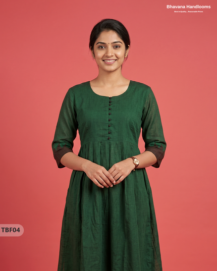 Premium Mangalagiri Temple Border Frock with Potli Balls | Deep bottle green Colour | Half Lining