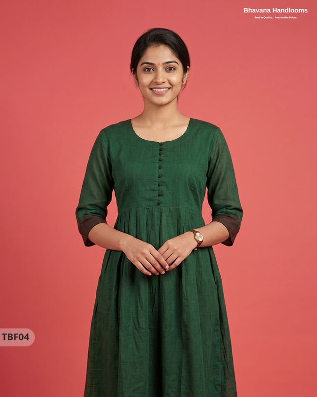 Premium Mangalagiri Temple Border Frock with Potli Balls | Deep bottle green Colour | Half Lining