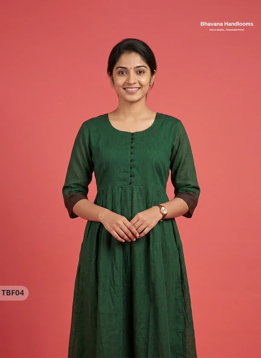 Premium Mangalagiri Temple Border Frock with Potli Balls | Deep bottle green Colour | Half Lining