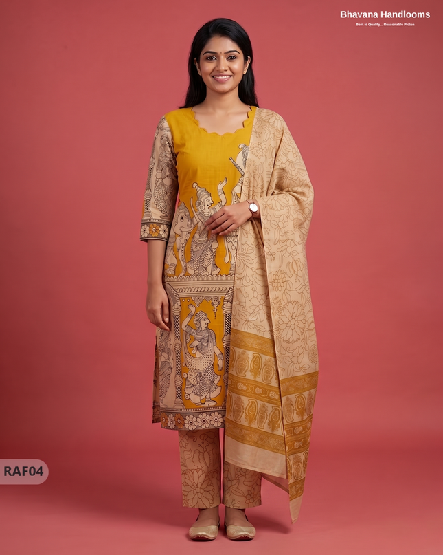Premium Kalamkari Ramayanam Design 3PC Kurti Set with Elastic Bottom | Mustard Yellow Ethnic Wear