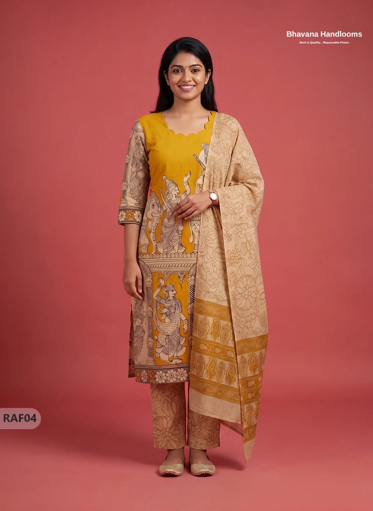 Premium Kalamkari Ramayanam Design 3PC Kurti Set with Elastic Bottom | Mustard Yellow Ethnic Wear