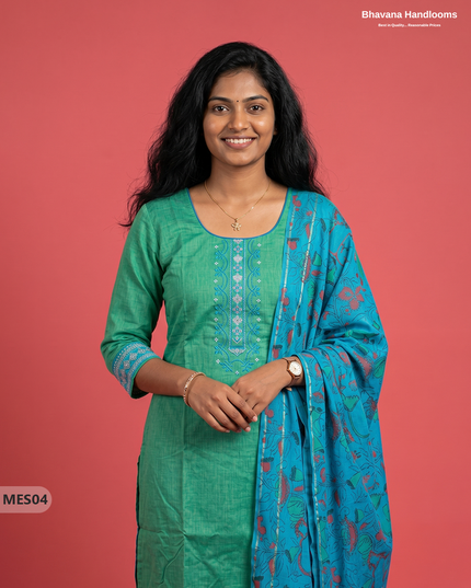 Premium Mangalagiri Kurti Set with Embroidery Design, Threads Bottom & Printed Dupatta – Mint Green Colour