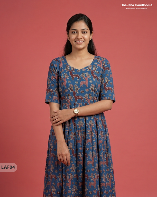 Feeding Frock with Kalamkari Design – Blue Color | Invisible Zips | Half Lining Maternity Wear