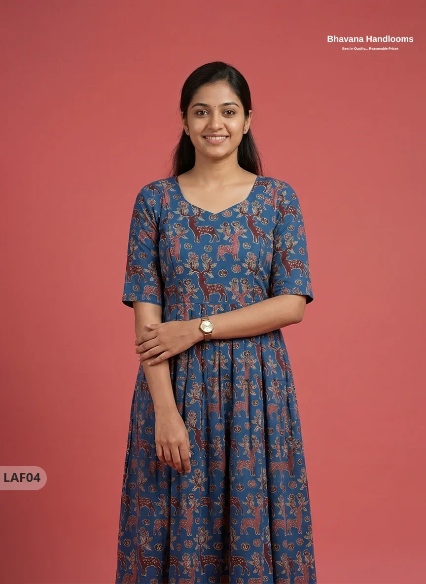Feeding Frock with Kalamkari Design – Blue Color | Invisible Zips | Half Lining Maternity Wear