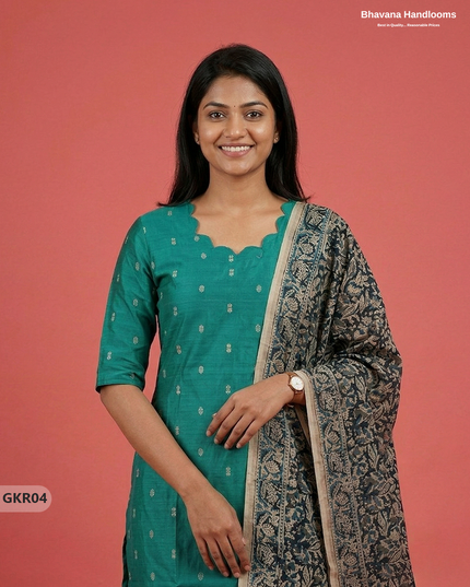 Raw Silk 3PC Kurti Set with Kalamkari Dupatta & Elastic Bottom in Sea Green Colour | Ethnic Wear