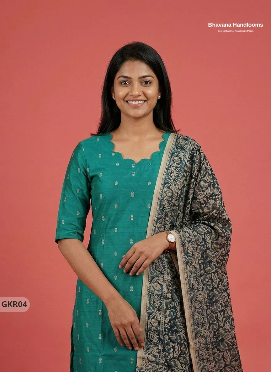 Raw Silk 3PC Kurti Set with Kalamkari Dupatta & Elastic Bottom in Sea Green Colour | Ethnic Wear
