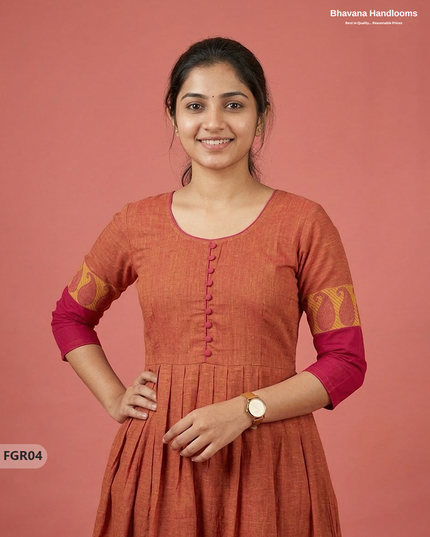 Summer Special Premium Cotton Handloom Frock with Woven Design | Orange Colour