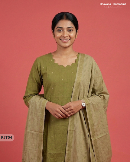 Premium Handloom Woveen 3PC Kurti Set with Handloom Dupatta | Olive Green Colour Ethnic Wear