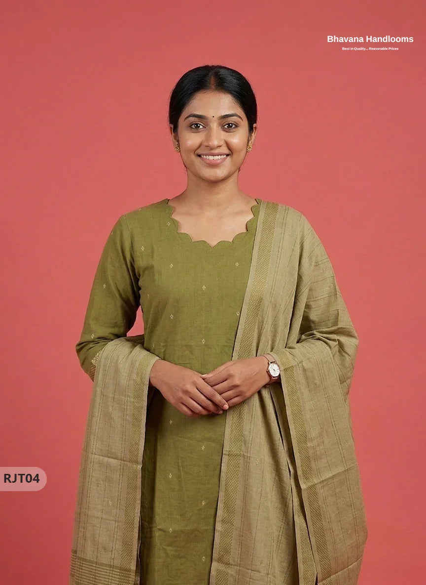 Premium Handloom Woveen 3PC Kurti Set with Handloom Dupatta | Olive Green Colour Ethnic Wear