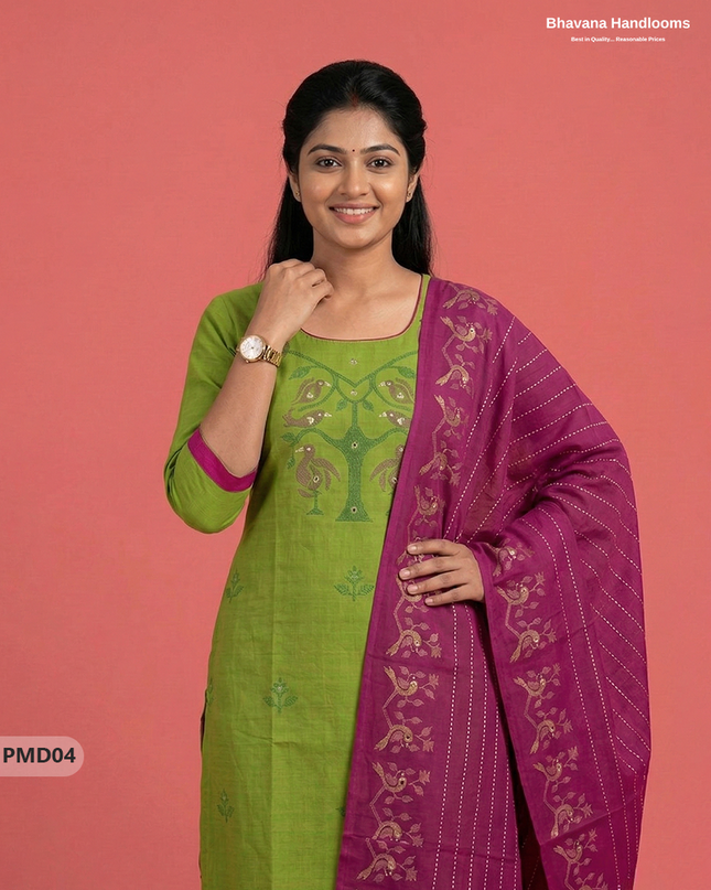 Premium Parrot Green Kurti Set with Birds Print & Mirror Finishing | Ready-to-Wear