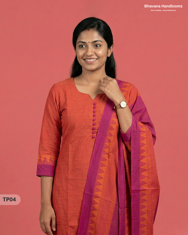 Mangalagiri Cotton 3PC Set with Full-Length Lining & Elastic Pocket Bottom – Orange & Purple Double Weave