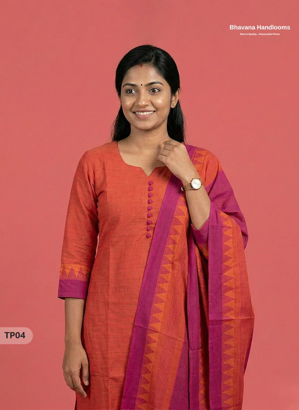 Mangalagiri Cotton Kurti Set with Full-Length Lining & Elastic Pocket Bottom – Orange & Purple Double Weave