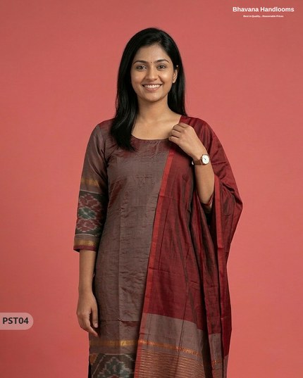 Pochampally Semi Pattu 3PC Kurti Set in Dark Brown Colour | Ready-to-Wear Ethnic Wear