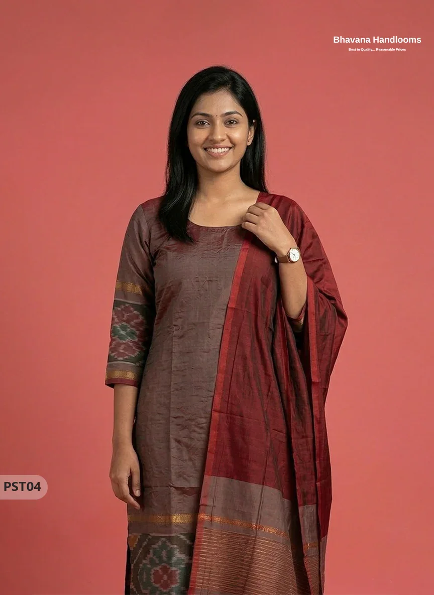 Pochampally Semi Pattu 3PC Kurti Set in Dark Brown Colour | Ready-to-Wear Ethnic Wear