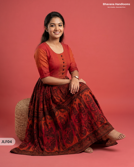 Traditional Handloom Frock with Ramayanam Design Prints in Multi Colour Shades | Vermilion Orange Colour