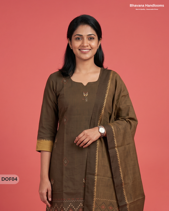 Mangalagiri Handloom Printed Cotton Kurti Set Cafe Noir Colour with Elastic Bottom | Ready-to-Wear Ethnic Wear