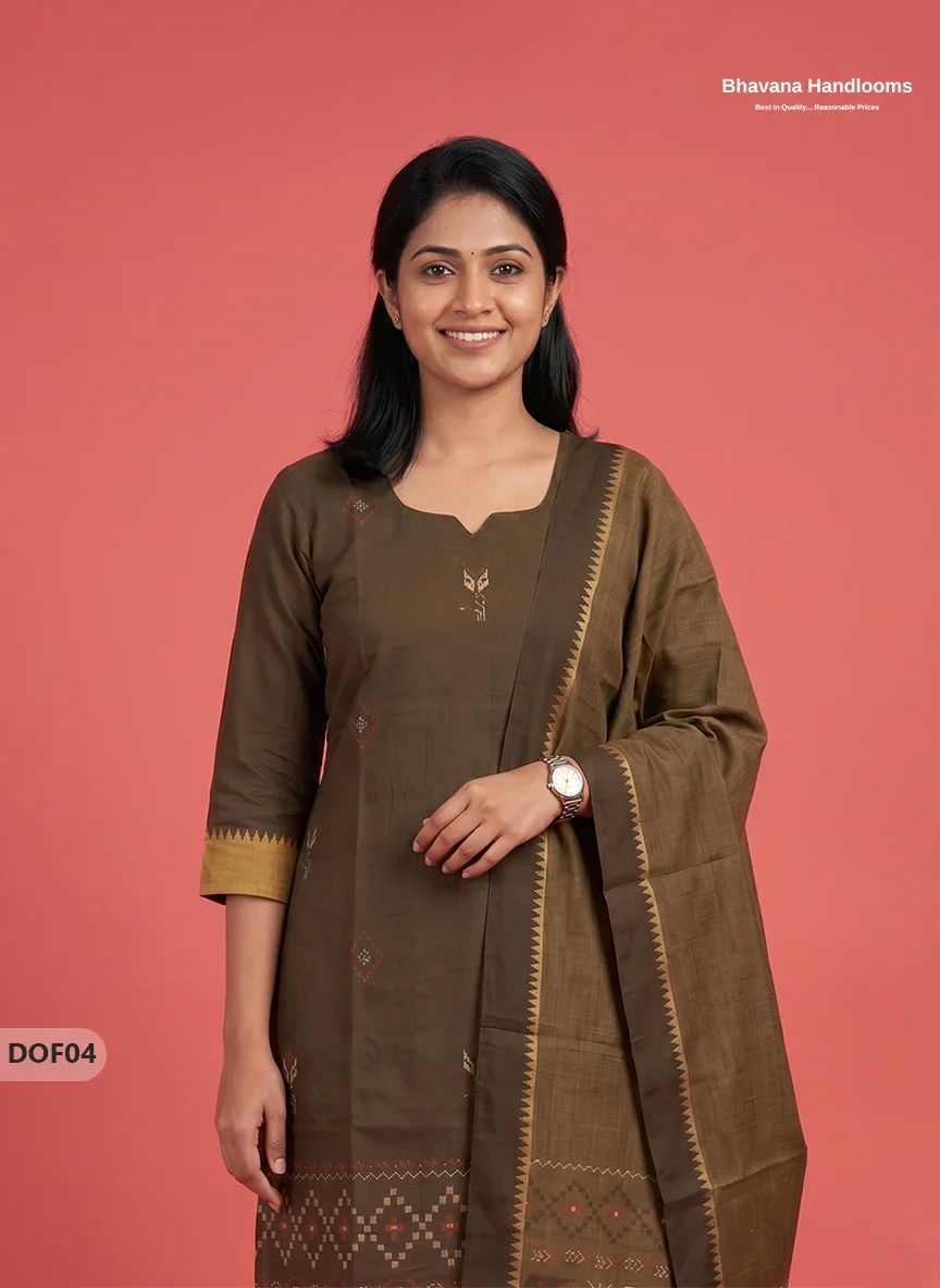Mangalagiri Handloom Printed Cotton Kurti Set Cafe Noir Colour with Elastic Bottom | Ready-to-Wear Ethnic Wear