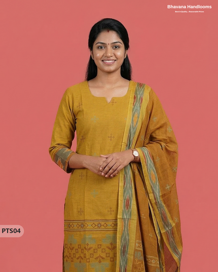 Traditional Pochampally Border 3PC Kurti Set with Dupatta in Sampangi Yellow colour | Ready-to-Wear Ethnic Set