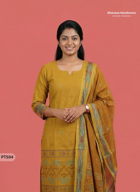 Traditional Pochampally Border 3PC Kurti Set with Dupatta in Sampangi Yellow colour | Ready-to-Wear Ethnic Set