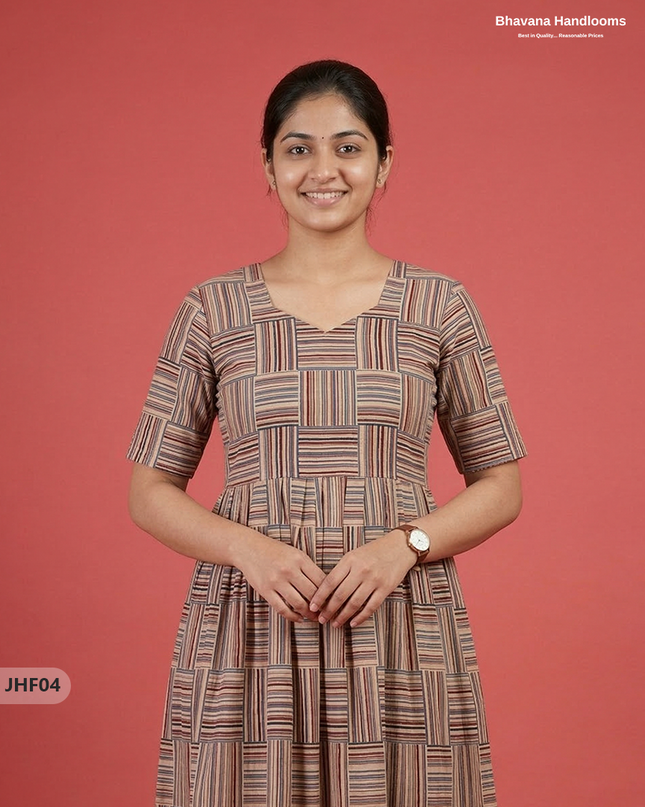 Kalamkari Design Frock – Light Beige Colour | Handloom Ethnic Wear with Half Lining