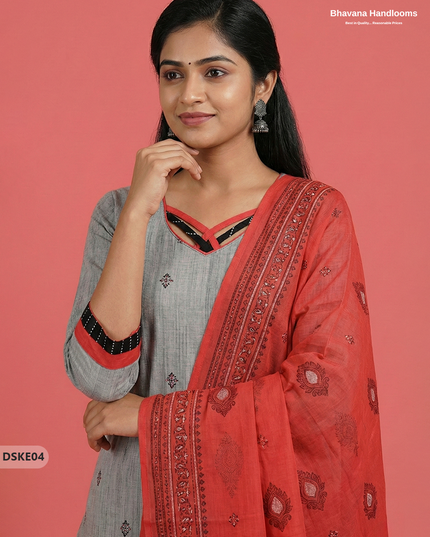 Stylish Grey Red Designer Kurti Set | 3Pc Ready-to-Wear Outfit