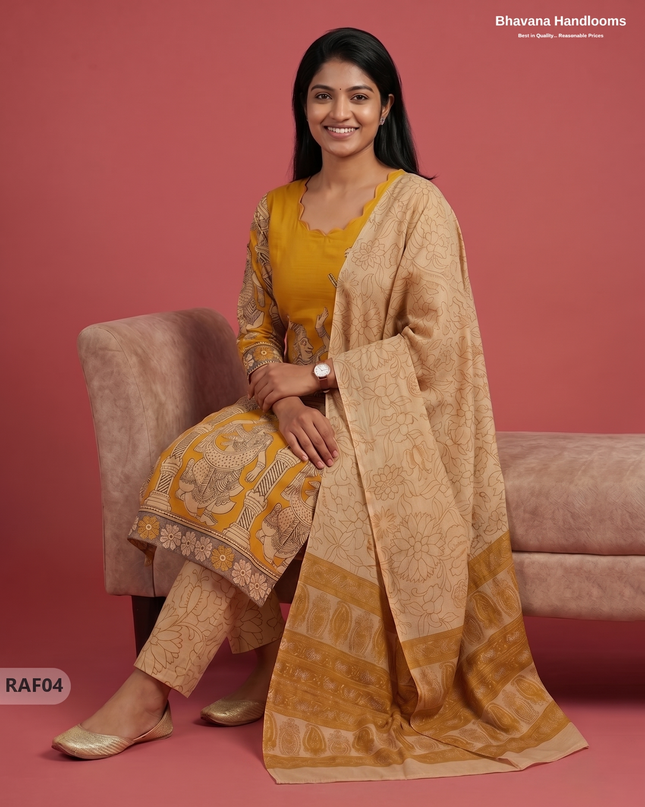 Premium Kalamkari Ramayanam Design 3PC Kurti Set with Elastic Bottom | Mustard Yellow Ethnic Wear