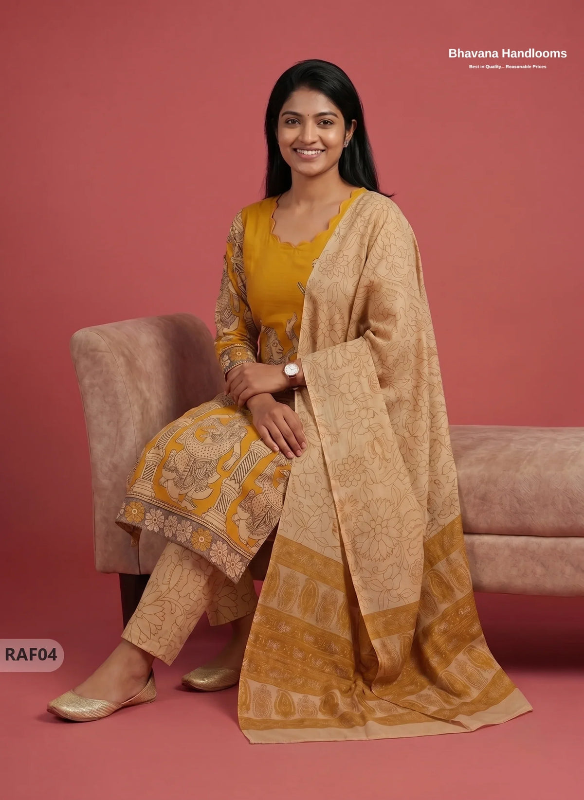Premium Kalamkari Ramayanam Design 3PC Kurti Set with Elastic Bottom | Mustard Yellow Ethnic Wear