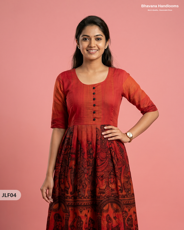 Traditional Handloom Frock with Ramayanam Design Prints in Multi Colour Shades | Vermilion Orange Colour
