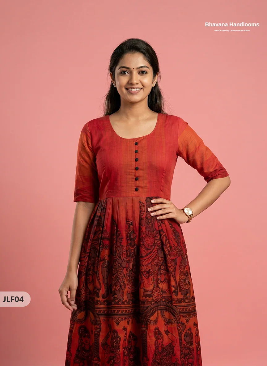 Traditional Handloom Frock with Ramayanam Design Prints in Multi Colour Shades | Vermilion Orange Colour