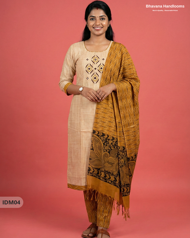 Premium Ikkat Kalamkari Printed Ready-to-Wear Dress in Brown | Full Length Lining