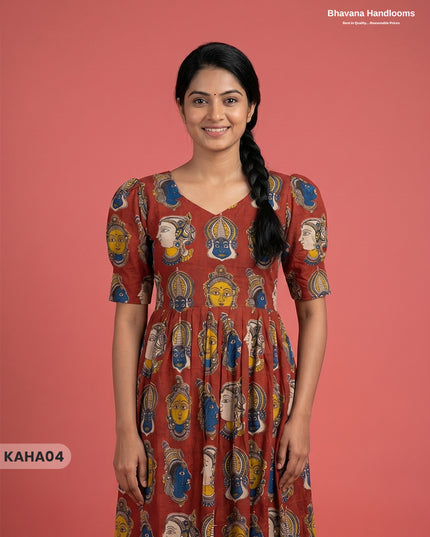 Kathakali Design Kalamkari Frock – Red Colour with Half Lining