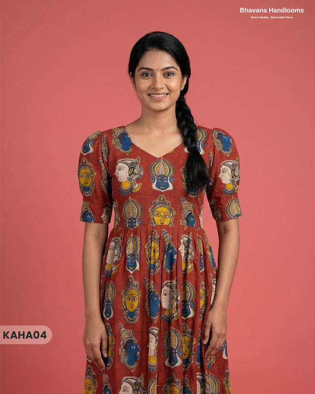 Kathakali Design Kalamkari Frock – Red Colour with Half Lining