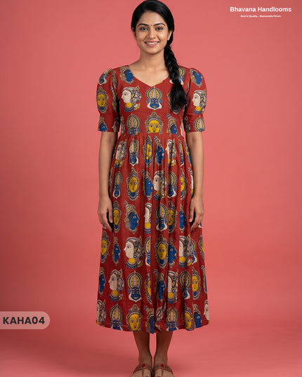 Kathakali Design Kalamkari Frock – Red Colour with Half Lining