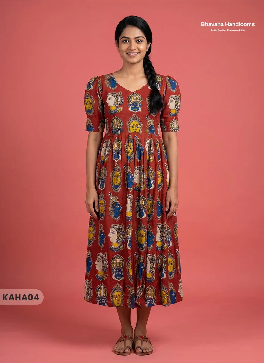 Kathakali Design Kalamkari Frock – Red Colour with Half Lining