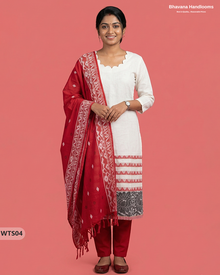 Stylish Handloom Jacquard 3PC Kurti Set with Printed Dupatta & White Kurti