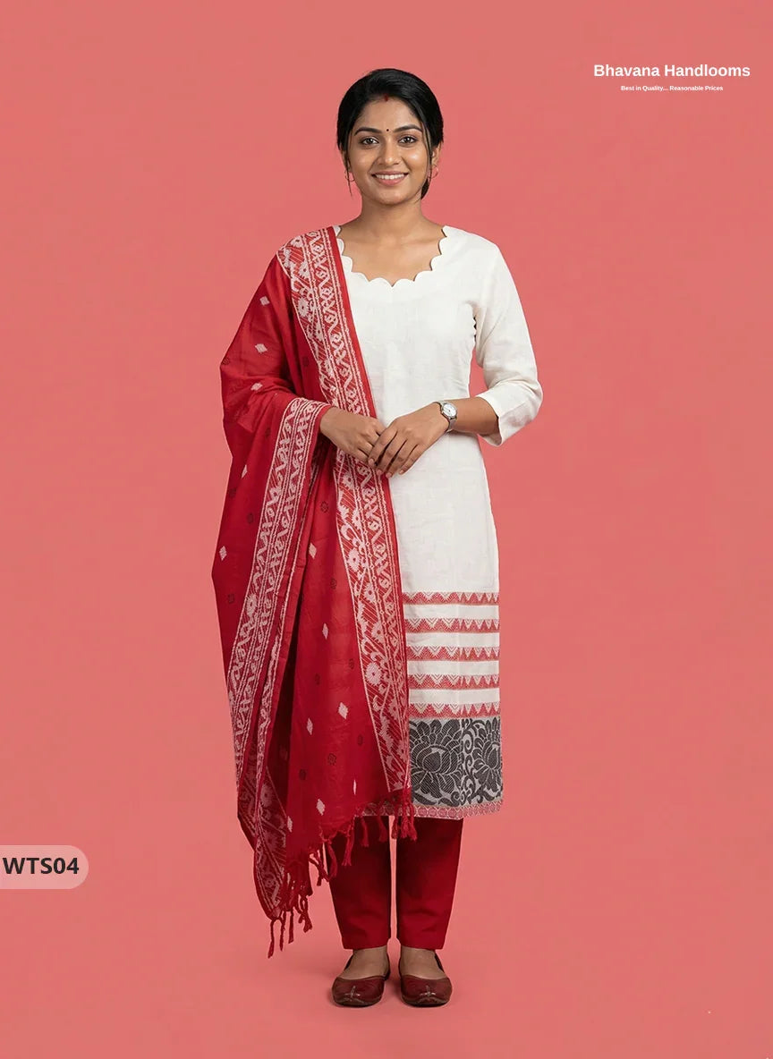 Stylish Handloom Jacquard 3PC Kurti Set with Printed Dupatta & White Kurti